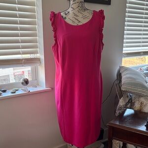 Talbots Hot Pink Ruffle-Shoulder Midi Shift Dress